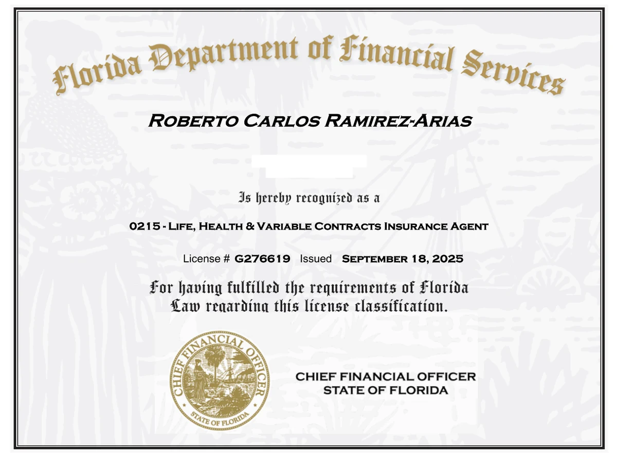 Licencia de seguros de Florida de Roberto Carlos Ramírez Arias, dirección personal omitida