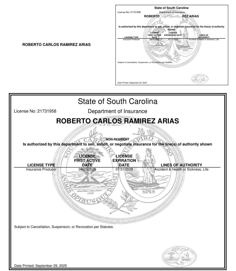 Licencia de productor de seguros de South Carolina de Roberto Carlos Ramírez Arias, dirección personal omitida