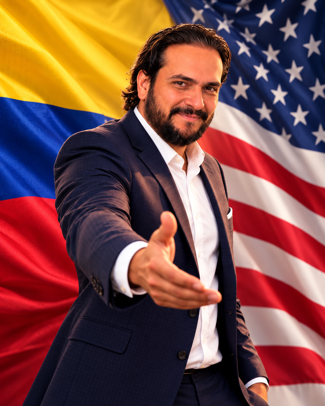 Roberto Carlos Ramírez Arias con las banderas de Colombia y Estados Unidos